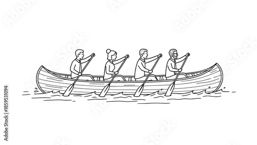 Teamwork in action: linear drawing of four people rowing a boat