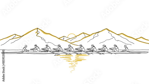Seamless linear rowing scene with mountain background and reflection