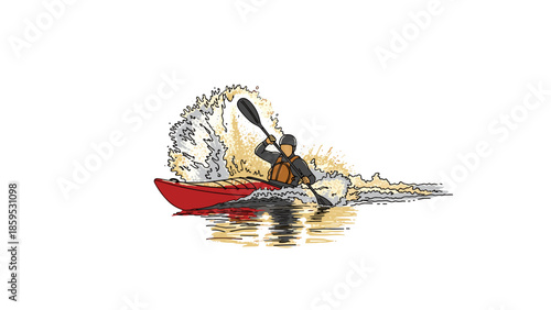 Dynamic kayaker navigating splashes in red canoe