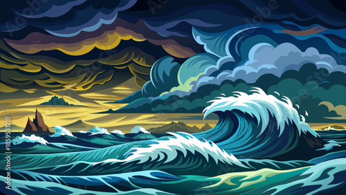 Stormy sea vector illustration with dramatic waves and dark clouds