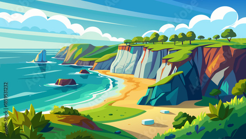 Coastal sea landscape vector with cliffs overlooking the ocean, flat illustration