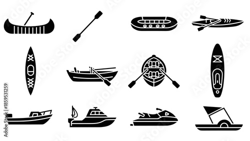 Silhouette collection of various watercraft designs for outdoor adventures