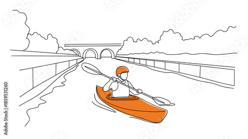 Linear drawing of a kayaker in orange canoe on a serene river under a bridge