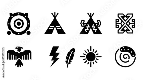 Native american symbols set: tribal teepee, thunderbird, sun, and arrow icons in bold silhouette design