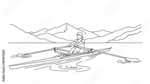 Linear outline of rower in mountain lake setting