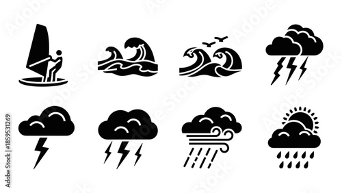 Silhouette weather icons set with waves, clouds, and lightning designs