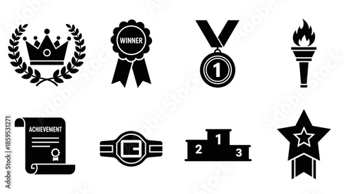 Black silhouette icons of awards and achievement symbols for success and recognition