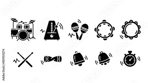 Percussion and rhythm icons set featuring drums and metronome in bold black silhouette
