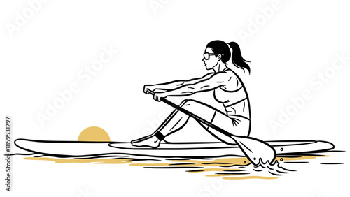 Woman rowing on paddleboard with sunrise: fitness and serenity in sport