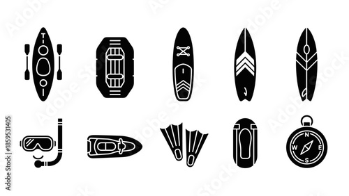 Water sports icon set: kayak, surfboard, snorkeling, rafting, paddle board in black and white