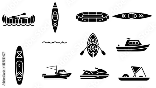 Aquatic adventure icons: kayaks, boats, canoe, and paddleboards in minimalist silhouette style