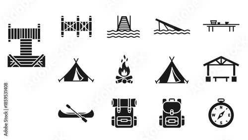Camping essentials icons: tents, campfire, backpack, canoe, and compass in silhouette style