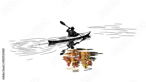 Kayaker on autumn lake with colorful reflections in line art style
