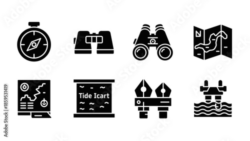 Minimalist adventure icons: compass, binoculars, and travel map silhouettes for outdoors enthusiasts