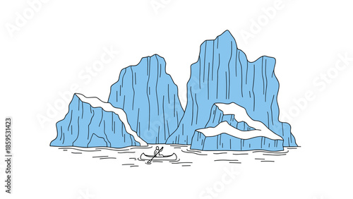 Minimalist iceberg landscape with canoe