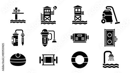 Beach and cleaning equipment icons: minimalist black silhouette design