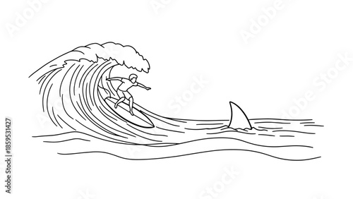 Surfer riding a wave with shark fin in black and white line art