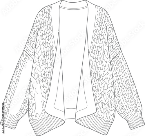 Fashion flat sketch of an open front chunky cable knit cardigan sweater with shawl collar detail