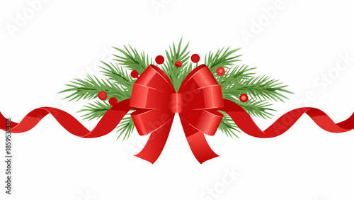 A festive arrangement of red ribbon evergreen boughs and holly berries