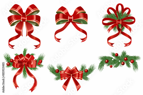 A collection of festive red and green decorative bows with sprigs of holly