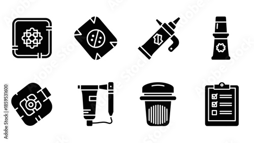 Black and white icons of mechanical tools and devices in silhouette style