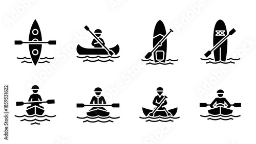Water sports icons set: kayaking, canoeing, paddleboarding in silhouette style