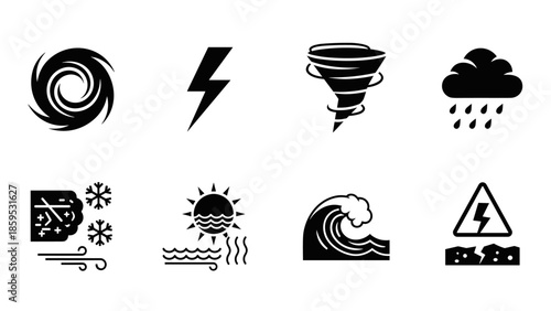 Weather icons set: tornado, lightning, rain, snow, and more in modern black silhouette style
