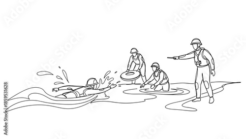 Outline of rescue team performing water training exercises with gear