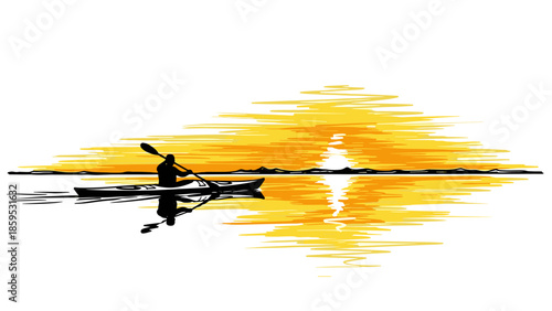 Kayaker at sunset on calm water with vibrant yellow and orange sunlight reflection