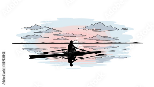 Silhouette of man kayaking at sunset on calm reflective water with pastel sky