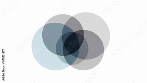 Abstract overlapping circle composition featuring translucent discs in blue and gray tones.