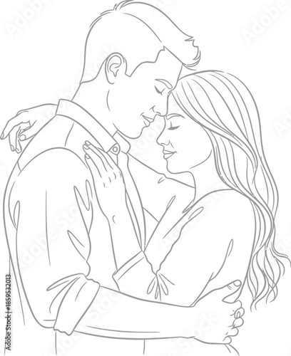 Black and white line art drawing of a romantic couple embracing affectionately with closed eyes