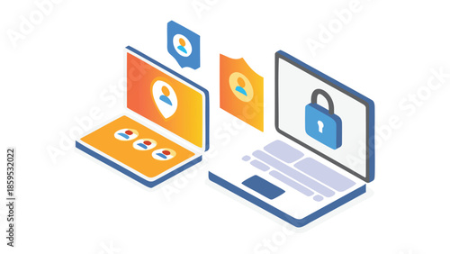 Flat isometric illustration of cyber awareness concept with laptops and security icons for online safety and data protection
