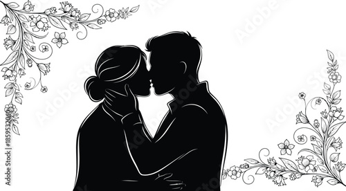 Elegant black and white silhouette of a couple sharing a romantic kiss surrounded by floral borders