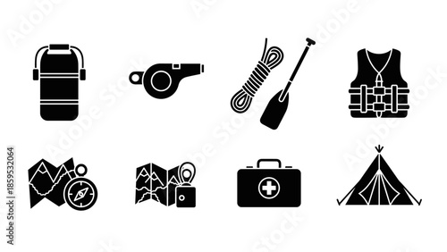 Camping essentials: gear and equipment icons in bold silhouette style for outdoor adventures