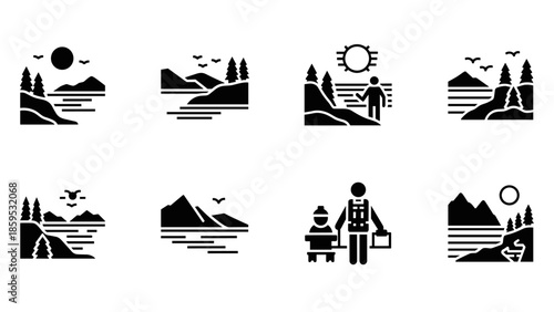 Outdoor adventure icons: scenic mountain and hiking silhouette set