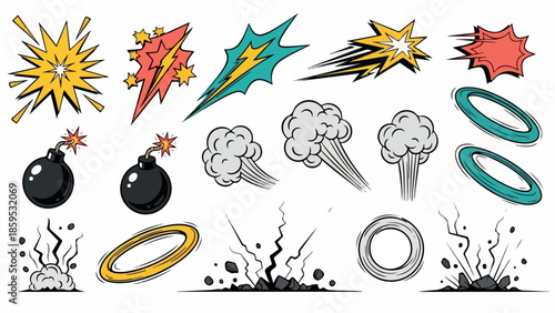 Collection of comic book style explosion and impact effects.