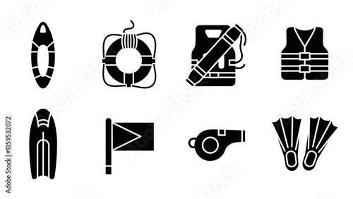Essential silhouette icons of lifesaving equipment for water safety