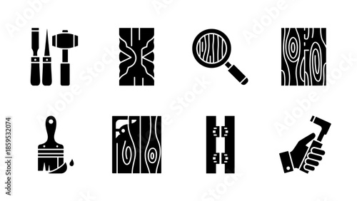 Woodworking tools and materials icons set in black and white silhouette design