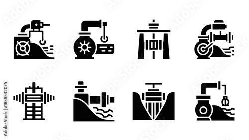 Set of industrial machine silhouettes for water and oil processing technology