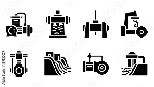 Industrial machine silhouettes: manufacturing equipment and machinery icons
