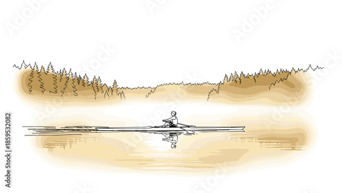 Serene morning rowing in a misty lake landscape with forest silhouette