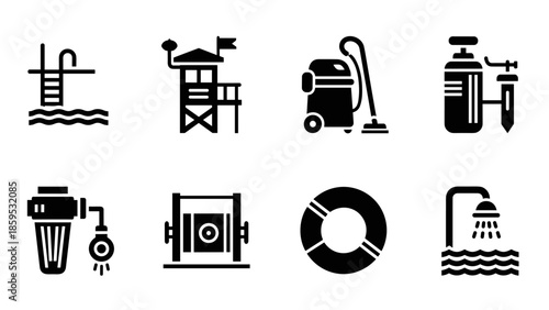 Essential swimming pool icons: cleaning, safety, and equipment in bold silhouette style
