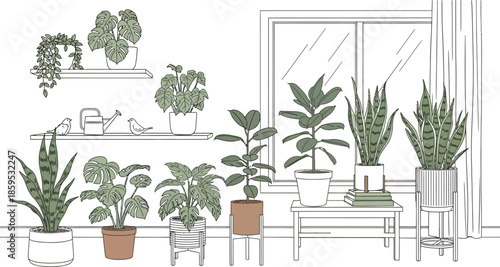 Collection of indoor houseplants including monstera rubber tree and snake plants illustrated in soft tones