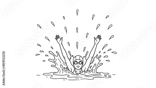 Dynamic swimmer surface splash with raised arms in black and white line art