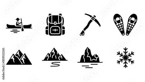 Set of outdoor adventure icons: hiking, camping, and winter sports elements in black silhouette