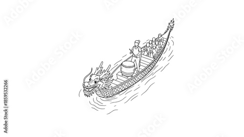 Dragon boat racing team in motion: detailed line art for cultural and sports themes