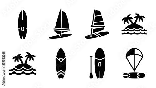 Surfing and sailing icons collection: minimalist beach adventure set