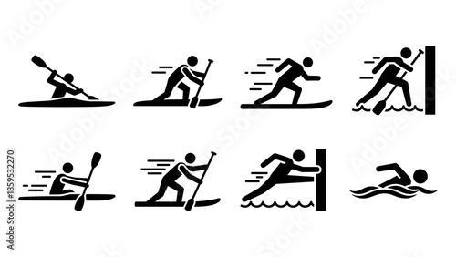 Set of sport icons: kayaking, surfing, running in dynamic silhouette style