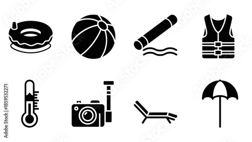 Essential summer icons: beach, pool, and outdoor fun in black silhouette style